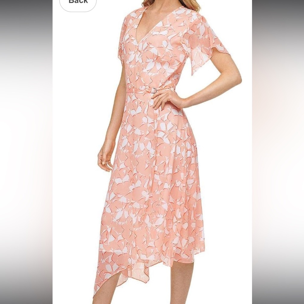 DKNY Short Sleeve Front Wrap Dress in Flamingo